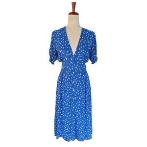 Faithfull The Brand Farah Blue Floral Daisy Midi Dress V-Neck Puff Sleeve Size 6